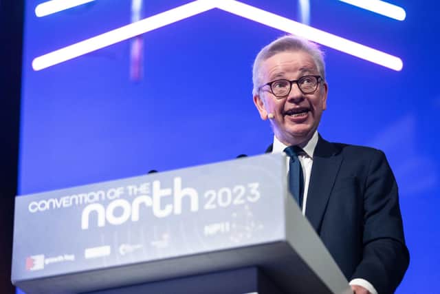 Michael Gove, Secretary of State for Levelling Up, Housing and Communities, speaking at the Convention of the North, SAID he would “harness the spirit of Thatcherism”. PIC: James Speakman/PA Wire