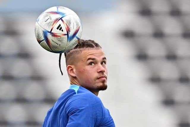 Manchester City and England midfielder Kalvin Phillips takes part in a training session at the Al Wakrah SC Stadium in Al Wakrah, south of Doha, on December 7, 2022, during the World Cup. (Photo by PAUL ELLIS/AFP via Getty Images)