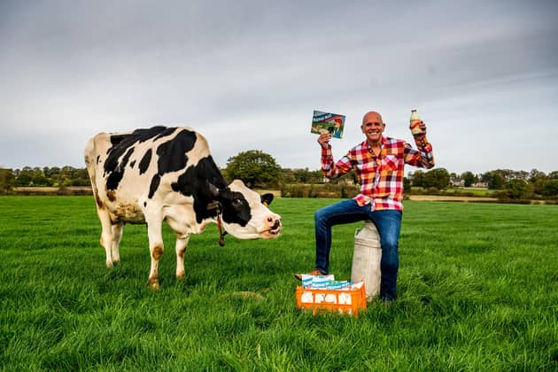 Author Chris Berry, and Yorkshire Post Farming Correspondent, promoting his latest book Milkman Mike children's series at TD Goodall, Beech Grove Farm, Dairy and ice cream parlour, Wetherby Road, Scarcroft, Leeds.