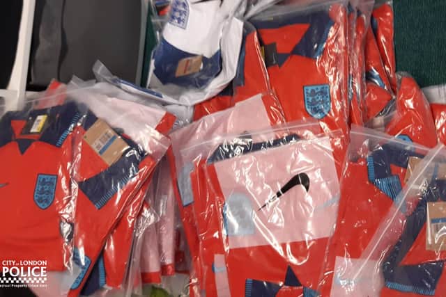 Officers seized four tonnes of the fake jerseys in raids in Leeds, Sheffield, Bristol, and Northampton. Four premises were raided in Leeds, with officers seizing a large quantity of fake England shirts, FIFA World Cup badges and £2,000 in cash.