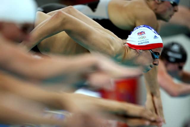 Career highlight: James Kirton of Great Britain dives into the Olympic pool for the heats of the Men's 200m Breaststroke at Beijing's Water Cube in 2008 (Picture: Al Bello/Getty Images)