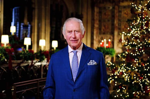 King Charles III during the recording of his first Christmas broadcast in the Quire of St George's Chapel at Windsor Castle, Berkshire.