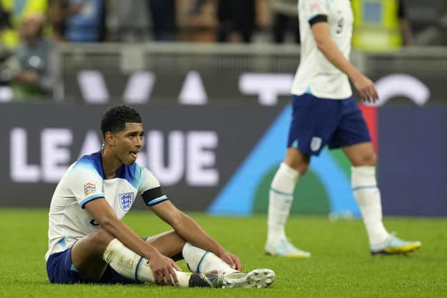 England's Jude Bellingham shows his dismay after defeat to Italy in the Nations League in Milan. Picture: AP/Antonio Calanni