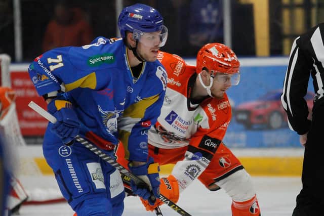 CUP BATTLE: Sheffield Steelers' Tomas Pitule battles for possession with Fife Flyers' Mikael Johansson during an Elite League clash in Kirkcaldy earlier this month. PIcture courtesy of Jillian McFarlane/EIHL.