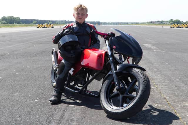 Nine-year-old Alfie Barraclough and his 70cc motorcycle