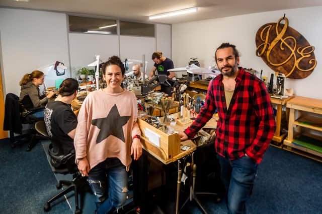 Jacqueline and Edward - Ethical Handmade Gold Wedding Rings based at Wetherby, North Yorkshire. Pictured Owners .Jacqueline and Mark Bell in their workshop. Picture By Yorkshire Post Photographer,  James Hardisty.