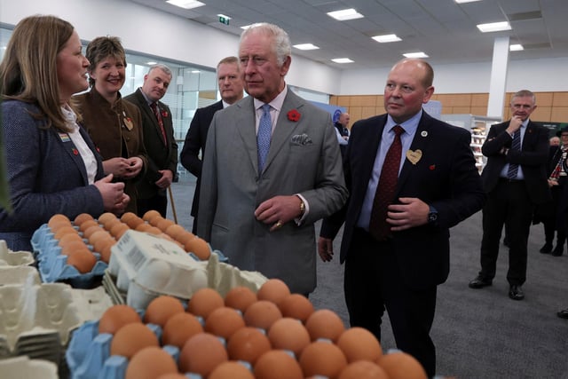 King Charles III meets staff and suppliers during a visit to the head office of Morrisons in Bradford, West Yorkshire, where he is meeting members of the Morrisons Farming, Community, Sustainability and Apprenticeship programmes to learn about their work. Photo credit: Russell Cheyne/PA Wire