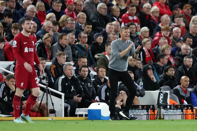 LIVERPOOL, ENGLAND - OCTOBER 29: Jesse Marsch, Manager of Leeds United reacts during the Premier League match between Liverpool FC and Leeds United at Anfield on October 29, 2022 in Liverpool, England. (Photo by Nathan Stirk/Getty Images)