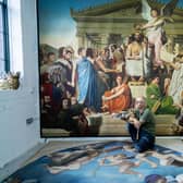 Mural Artist Mel Holmes with his Painting "The Apotheosis of Homer" at his studio in Sheffield.