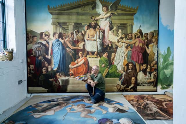 Mural Artist Mel Holmes with his Painting "The Apotheosis of Homer" at his studio in Sheffield.