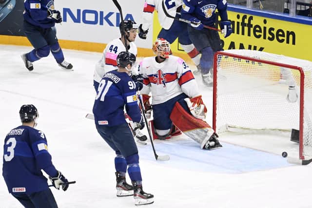 BRING IT BACK: Defenceman Sam Jones (No 44) watches on as Finland's forward Joel Armia (right) makes it 4-0 to Finland during last year's encounter with Great Britain at the World Championships in Tampere. Picture: HEIKKI SAUKKOMAA/Lehtikuva/AFP via Getty Images.