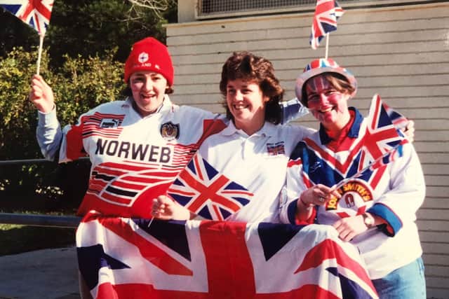 Rugby league Lioness Donna Parker with GB supporters in Australia 1996.