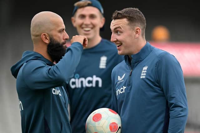 MANCHESTER, ENGLAND - JULY 18: Moeen Ali and Harry Brook of England during a nets session at Emirates Old Trafford on July 18, 2023 in Manchester, England. (Photo by Gareth Copley/Getty Images)