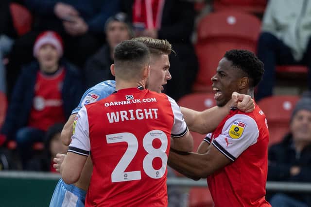 Rotherham United's Chiedozie Ogbene and Coventry City's Viktor Gyokeres tussel and are booked during the Sky Bet Championship match at the AESSEAL New York Stadium, Rotherham. Picture: Ian Hodgson/PA