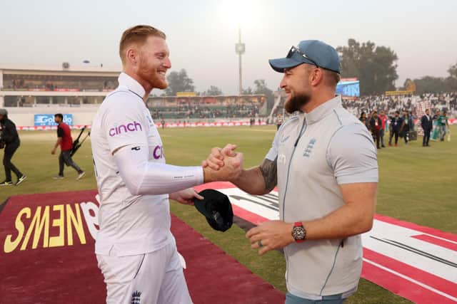 Dream team: England captain Ben Stokes, left, and head coach Brendon McCullum. Photo by Matthew Lewis/Getty Images.