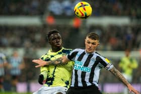 Willy Gnonto and Kieran Trippier battle for the ball. Picture: Bruce Rollinson