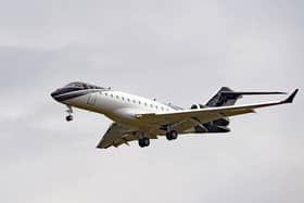 A private jet comes in to land at Stansted Airport in Essex.