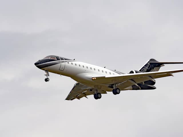 A private jet comes in to land at Stansted Airport in Essex.