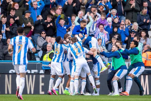 The ecstatic scenes which followed Rhys Healey's dramatic late winner for Huddersfield Town in their last Championship home game against Millwall a fortnight ago. Picture: Bruce Rollinson.