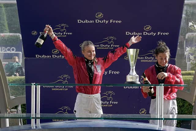 The 'Ladies' team (Hayley Turner (R) and Saffie Osborne (C)) celebrate winning The Dubai Duty Free Shergar Cup at Ascot Racecourse on August 12, 2023 in Ascot, England. (Picture: Alan Crowhurst/Getty Images)