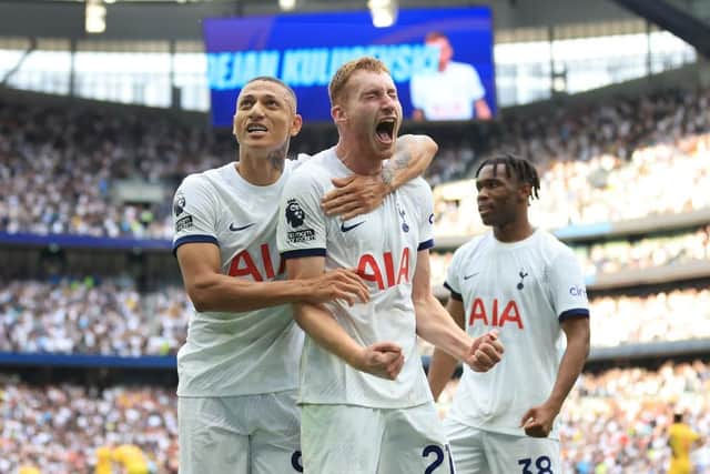 RELIEF: Dejan Kulusevski (centre) celebrates scoring Tottenham Hotspur's late winner against Sheffield United