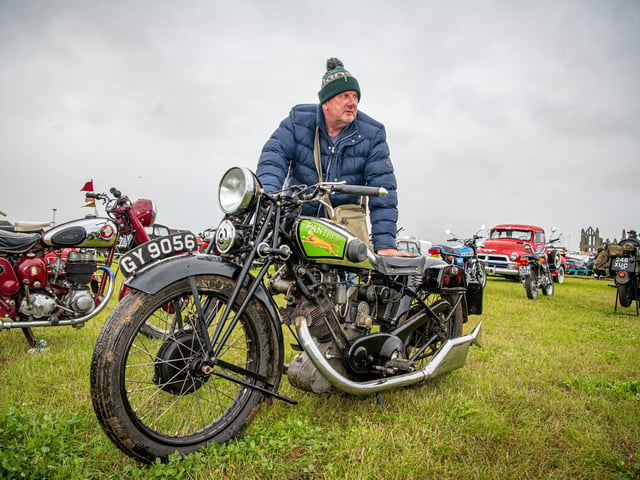 Nick Dilnot with his Panther motorcycle, a model 100 built in Cleckheaton in 1930