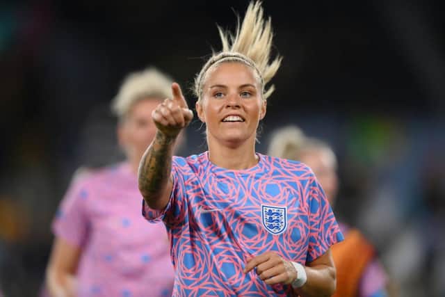 Rachel Daly of England gestures whilst warming up prior to the FIFA Women's World Cup Australia & New Zealand 2023 Semi Final match between Australia and England at Stadium Australia on August 16, 2023 in Sydney, Australia. (Photo by Justin Setterfield/Getty Images )