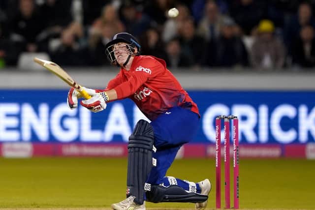 HITTING OUT: England's Harry Brook bats during the first Vitality IT20 match at the Seat Unique Riverside Picture: Owen Humphreys/PA
