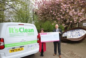 David Whan of It's Clean Ltd presenting the latest charity donation to Henshaws