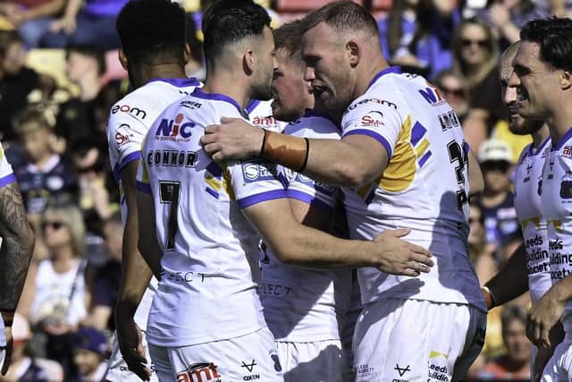 Leeds celebrate Matt Lodge's try. (Photo: Matthew Merrick/SWpix.com)