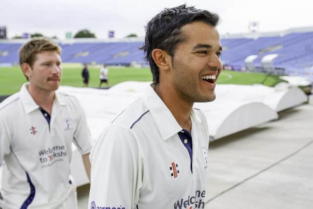 Happier times back in 2010: Yorkshire's Azeem Rafiq is all smiles after Yorkshire defeat Warwickshire with Richard Pyrah  (Picture: SWPix.com)