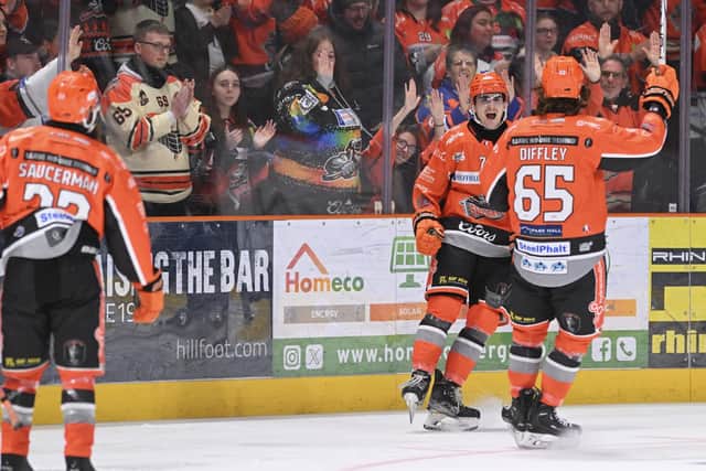 KEY STRIKE: Sheffield Steelers' Brandon Whistle celebrates his short-handed marker to increase the lead against Fife Flyers on Saturday night. Picture: Dean Woolley/Steelers Media.