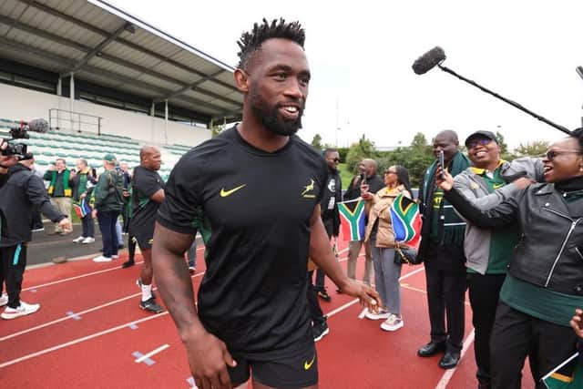 LEGEND: South Africa captain Siya Kolisi greets fans during a South Africa training session ahead of their Rugby World Cup Final against New Zealand. Picture: David Rogers/Getty Images