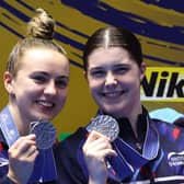 Silver medalists Andrea Spendolini Sirieix (R) and Lois Toulson of Team Great Britain pose during the medal ceremony for the Women's Synchronised 10m Platform on day three of the Fukuoka 2023 World Aquatics Championships (Picture: Sarah Stier/Getty Images)