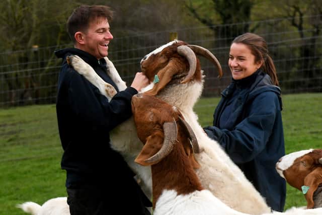 Jake Ratcliffe with partner Rosie Thompson pictured with the animals