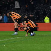 Hull's dejected players at full-time of the defeat to Reading (Picture: Jonathan Gawthorpe)