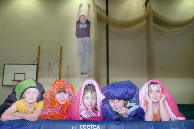 A 24-hour sponsored bounce in Hartlepool 13 years ago. Taking a rest in their sleeping bags were Greig Robertson, Victoria Leck, Rachel Kirby, Daynor Guerin and Emily Butler.