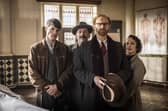 Bookish Season Two. Pictured: Connor Finch as Jack, Elliot Levey as Inspector Bliss, Mark Gatiss as Gabriel Book and Nadia Albina as Dr. Calderd. Picture: UKTV.
