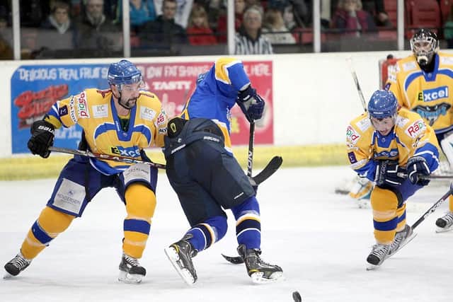 TEAM-MATES: Sylvain Cloutier (left) and Maty Davies (right) in action for Hull Stingrays against Fife Flyers in November 2011 Picture by Arthur Foster.