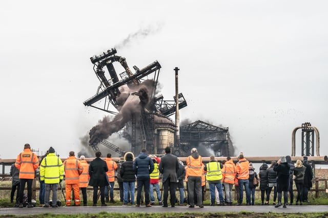 The casting houses, dust catcher and charge conveyors also came down on Wednesday, following a similarly spectacular demolition of the 213ft (65m) tall Basic Oxygen Steelmaking plant in October.