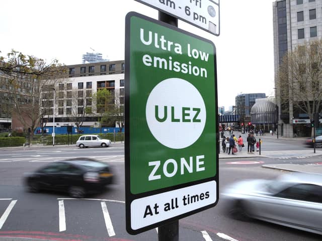 An information sign at Tower Hill in central London for the Ultra Low Emission Zone (ULEZ). PIC: Yui Mok/PA Wire