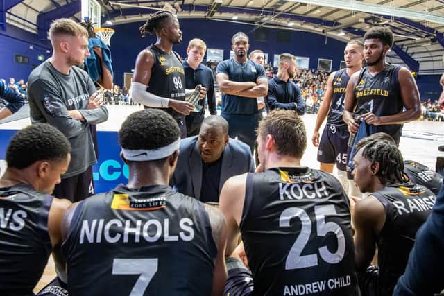 Sharks head coach Atiba Lions gives a team talk during a time out in the BBL game with Newcastle Eagles at Canon Medical Arena on 8th October 2023 (Picture: Tony Johnson)