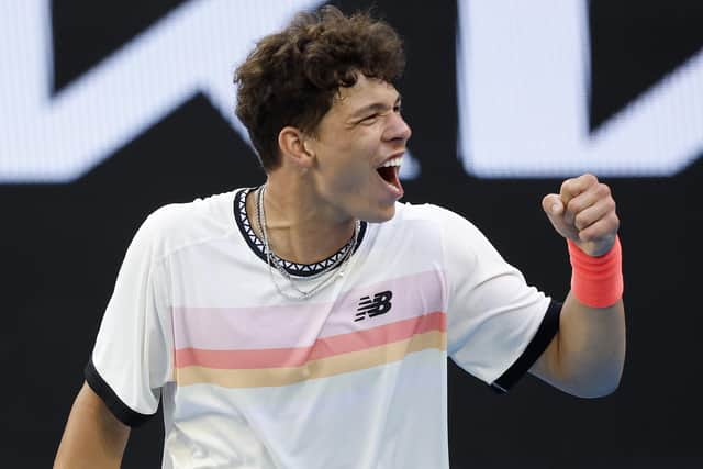 Unknown: Ben Shelton of the United States celebrates winning in the fourth round singles match against J.J. Wolf of the United States during day eight of the 2023 Australian Open at Melbourne Park on January 23, 2023 in Melbourne, Australia. (Picture: Darrian Traynor/Getty Images)