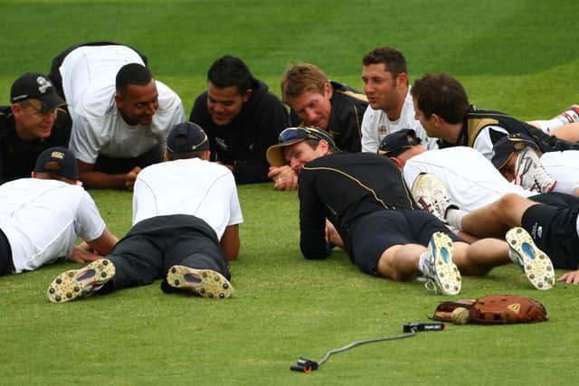 Michael Vaughan looks on with (top, left-right) Gerard Brophy, Ajmal Shahzad, Azeem Rafiq, John Blain and Tim Bresnan prior to Yorkshire's Twenty20 Cup match against Nottinghamshire at Trent Bridge in 2009, when the Ashes-winning captain was alleged to have made the "you lot" comment he completely denies. Photo by Clive Mason/Getty Images.