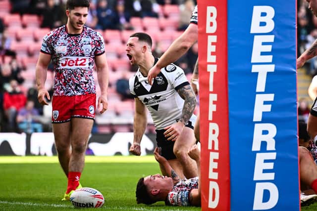 Cade Cust of Hull FC celebrating his try in the defeat to Leigh Leopards (Picture: Olly Hassell/SWpix.com)