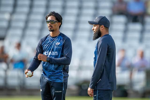 Learning from the master. Jafer Chohan, left, in conversation with Adil Rashid before last night's game. Picture by Allan McKenzie/SWpix.com