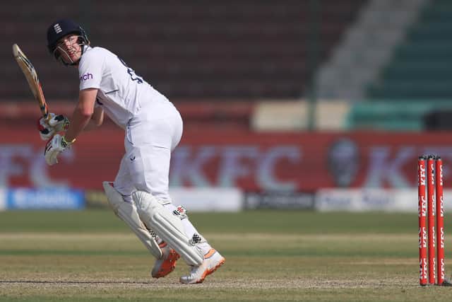Harry Brook of England edges the ball towards the boundary during Day Two of the Third Test between Pakistan and England at Karachi (Picture: Matthew Lewis/Getty Images)