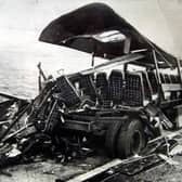 The wreckage of the M62 coach bomb in 1974