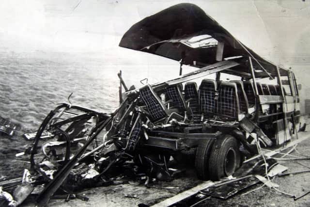 The wreckage of the M62 coach bomb in 1974