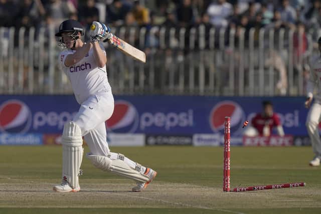 ON YOUR WAY: Yorkshire's Harry Brook is bowled out by Pakistan's Naseem Shah on day four as England looked to build a commanding lead in Rawalpindi Picture: AP Photo/Anjum Naveed.